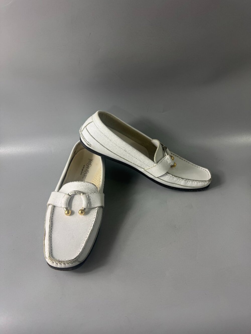 Authentic Yves Saint Laurent White Leather Women's Loafers, Size 37 1/2